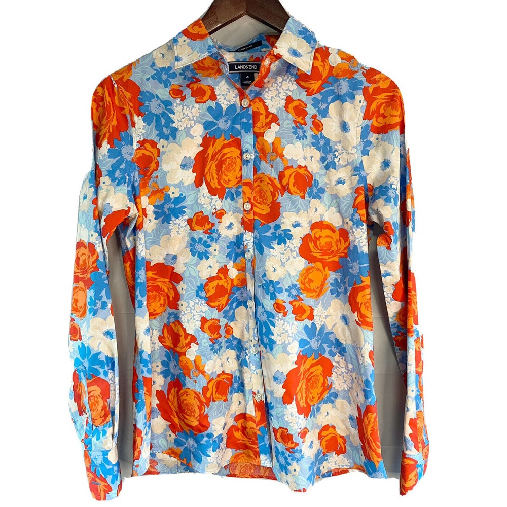 Lands End Womens Button Up Collared Floral Tropical Top No‎ Iron Supima Size 4